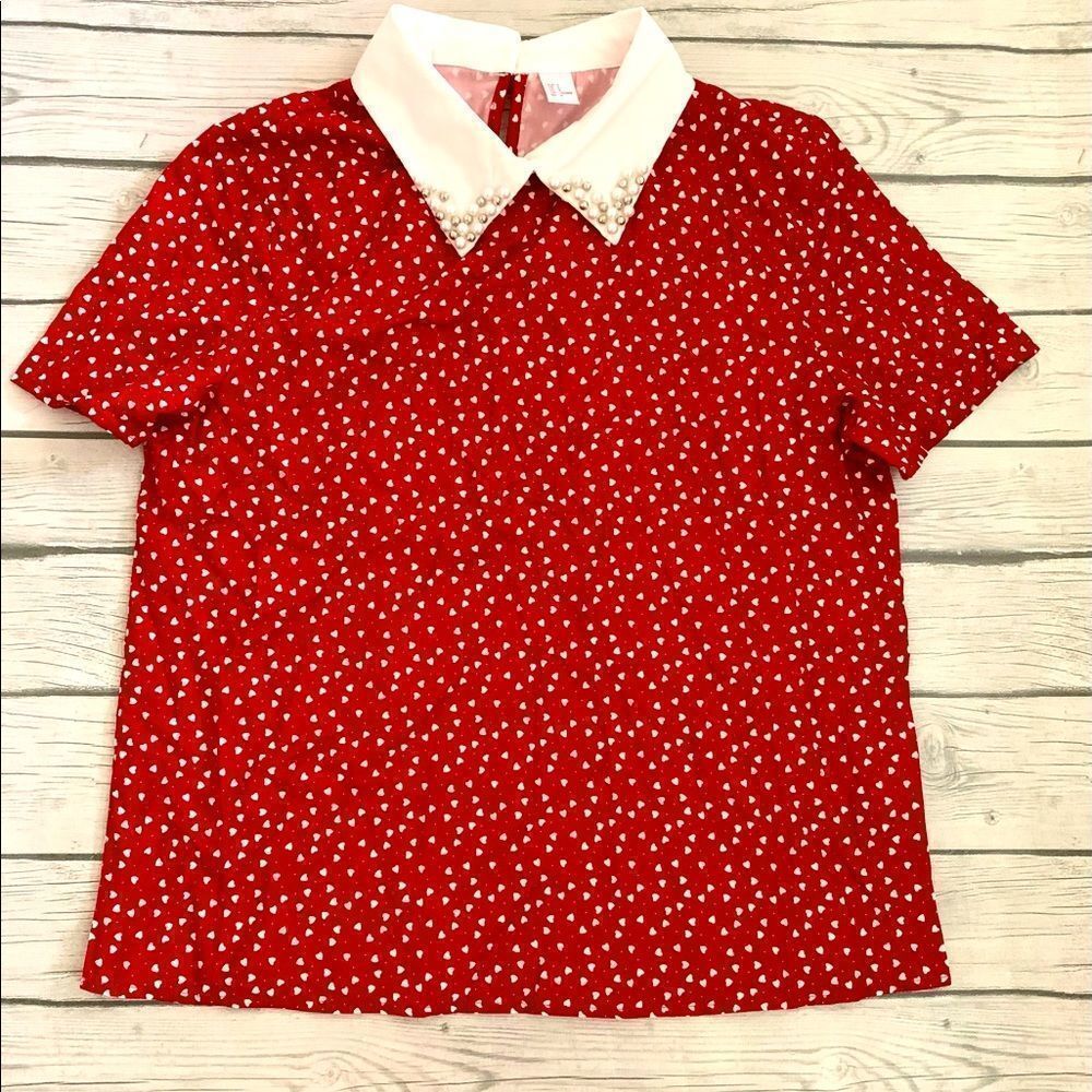 Shein Red heart top white jeweled color size small